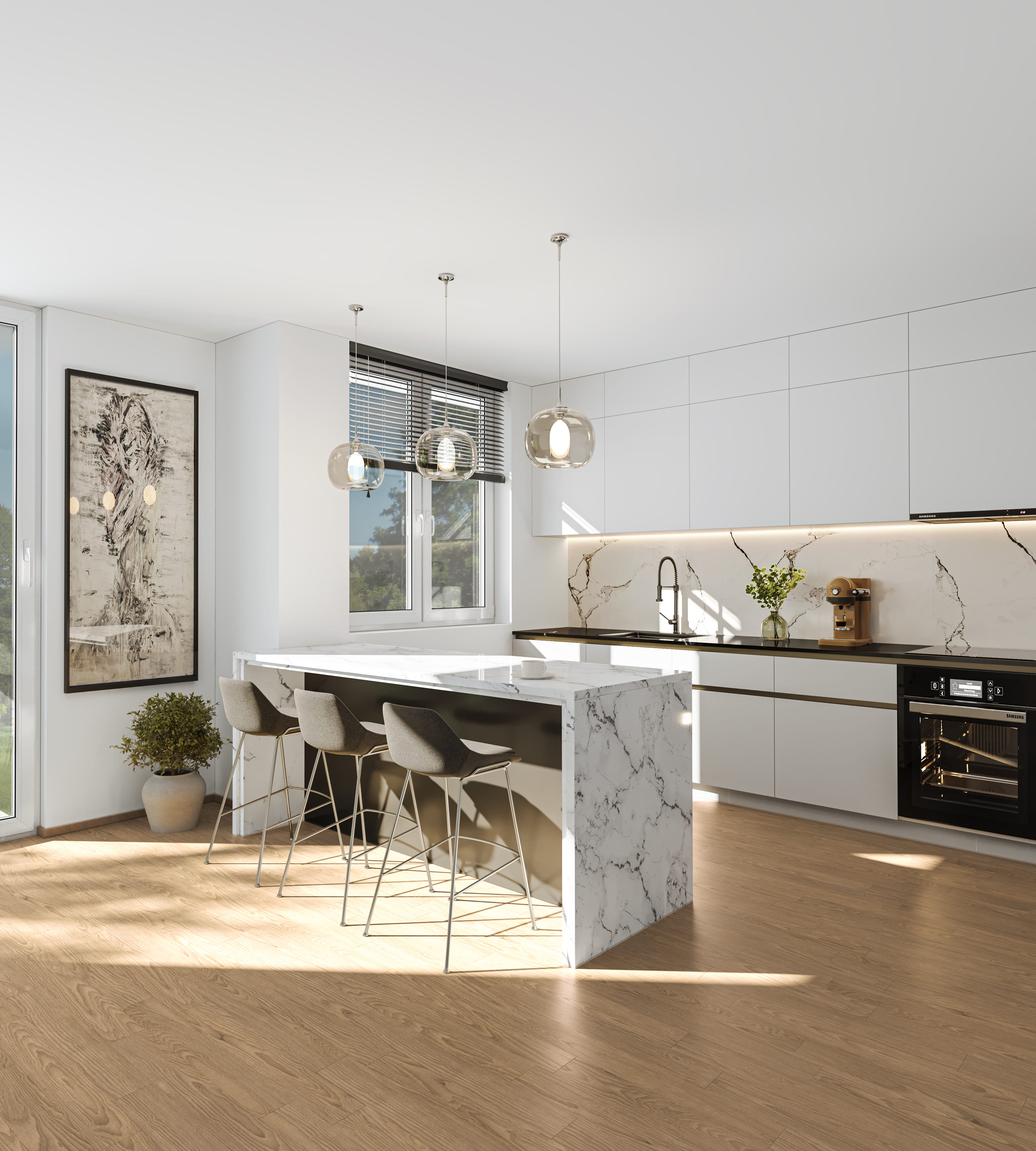 Virtuelles Home Staging einer luxuriösen, offenen Küche. Das Digital Home Staging zeigt ein Raumkonzept im Einrichtungsstil Luxus mit einer eleganten Kücheninsel aus weißem Marmor, grifflosen weißen Schrankfronten, passender Marmor-Rückwand, modernen Barhockern, edlen Glas-Pendelleuchten und hochwertigem Holzboden.